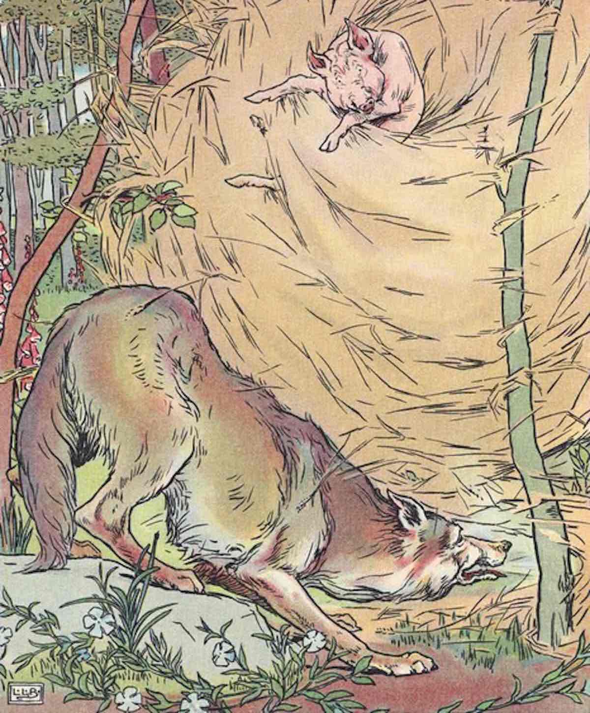 The wolf huffing and puffing with the pig in the tree