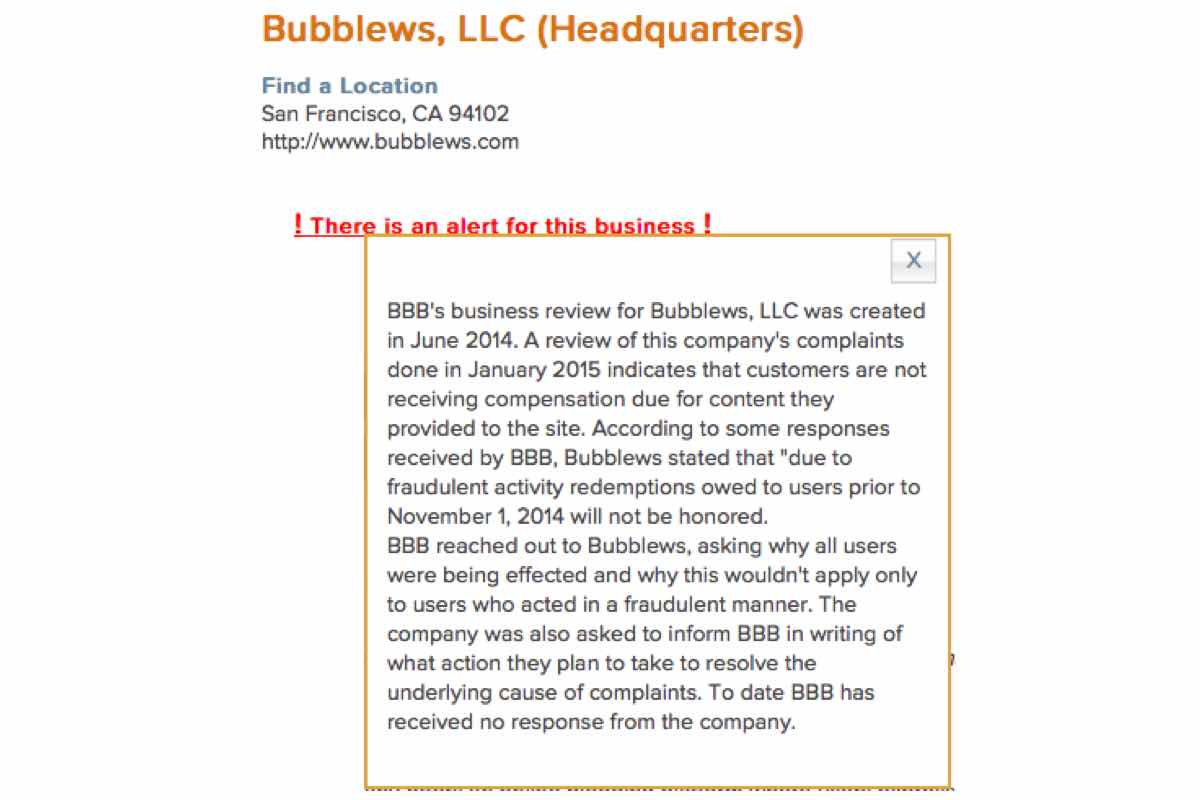 Better Business Bureau warning about Bubblews