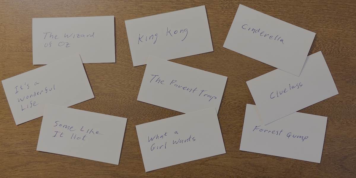 Index cards with movie titles.
