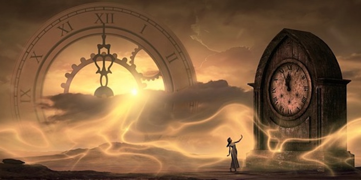 Woman observing time in a mysterious landscape.