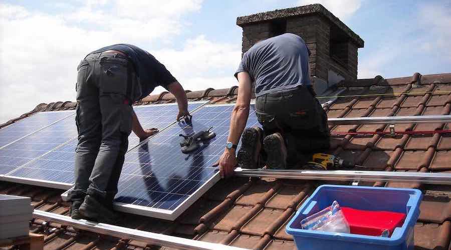 Solar panels attach on the roof with mounts which are installed by drilling holes through to the rafters.