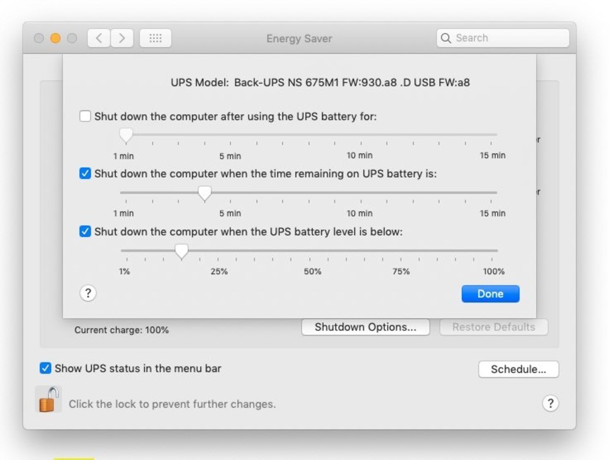 Mac OS X Energy Saver Settings Menu for UPS