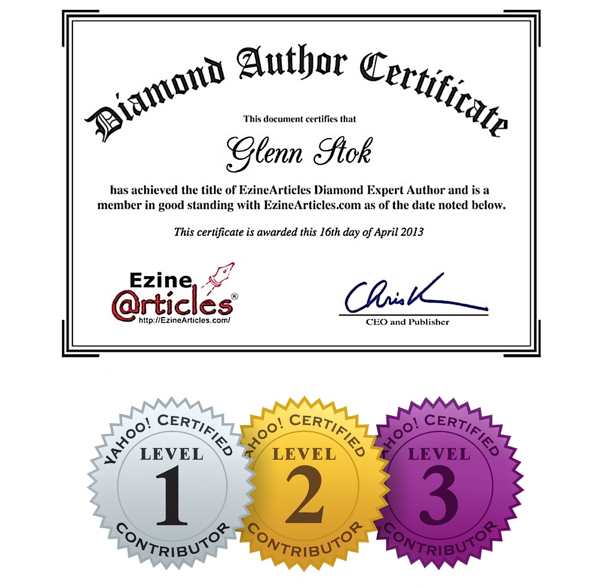 Yahoo Contributor Level 3 Certified and Diamond Expert Author Award Certificate